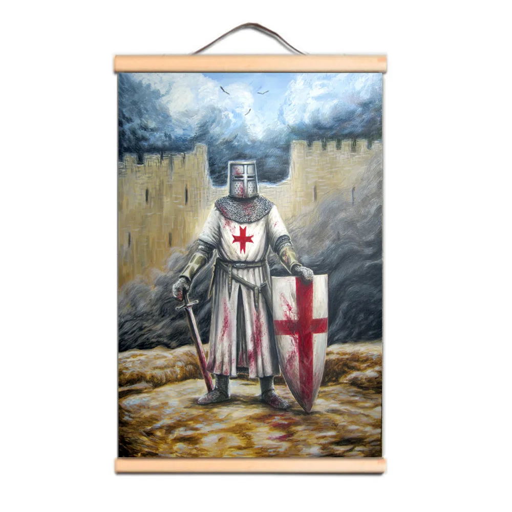 

Nordic Style Wall Artwork Canvas Pictures Knights Templar Poster Wooden Scroll Hanging Painting Print Home Decor Living Room D4