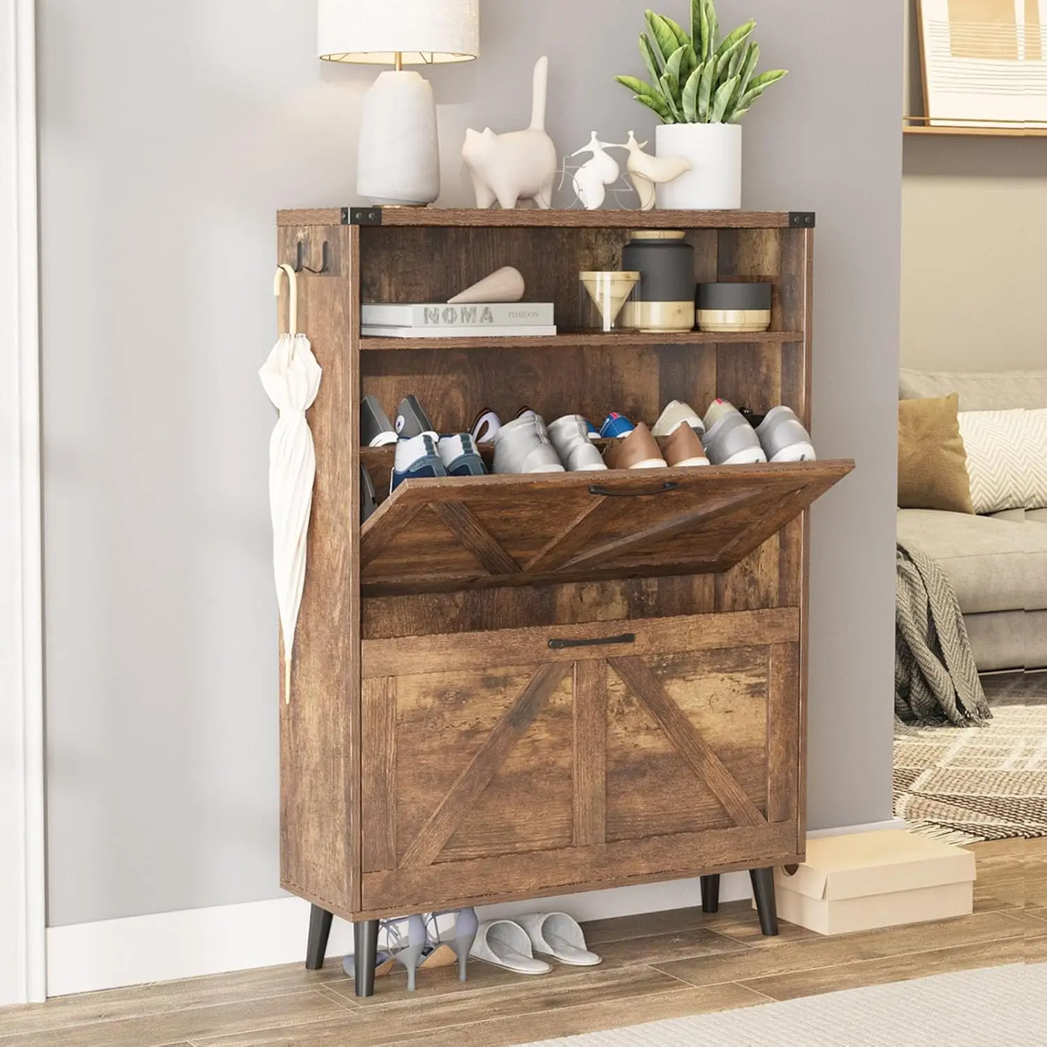 Shoe Cabinet with 2 Flip Drawers,Shoe Storage Cabinet for Entryway,Freestanding Shoe Cabinet Organizer with Open Storage