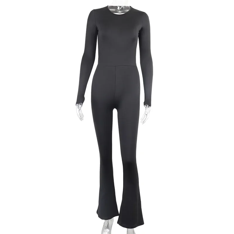Simple Casual Streetwear Overalls Summer Y2K Solid Black Basic Bodysuit for Women Sexy Long Sleeves Halter Backless Flare Pants