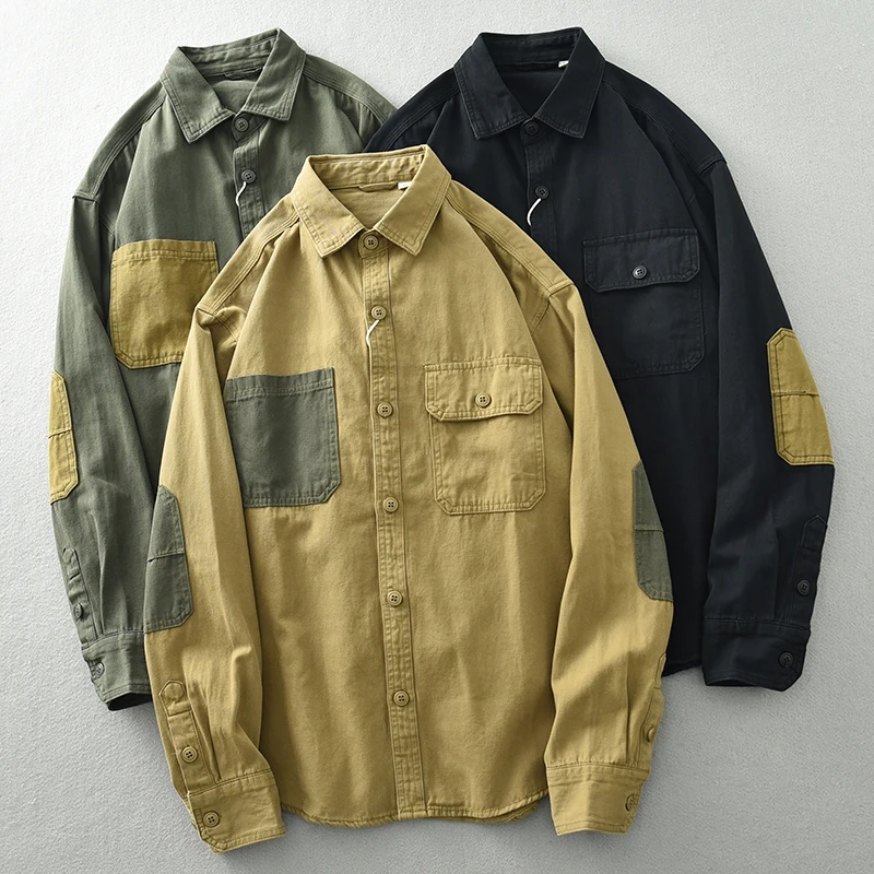 

Stylish Contrast Color Patchworked Men's Shirt Clothing Retro Casual Wear Long Sleeve Cargo Tops Loose Shirtcoat Twill Fashion