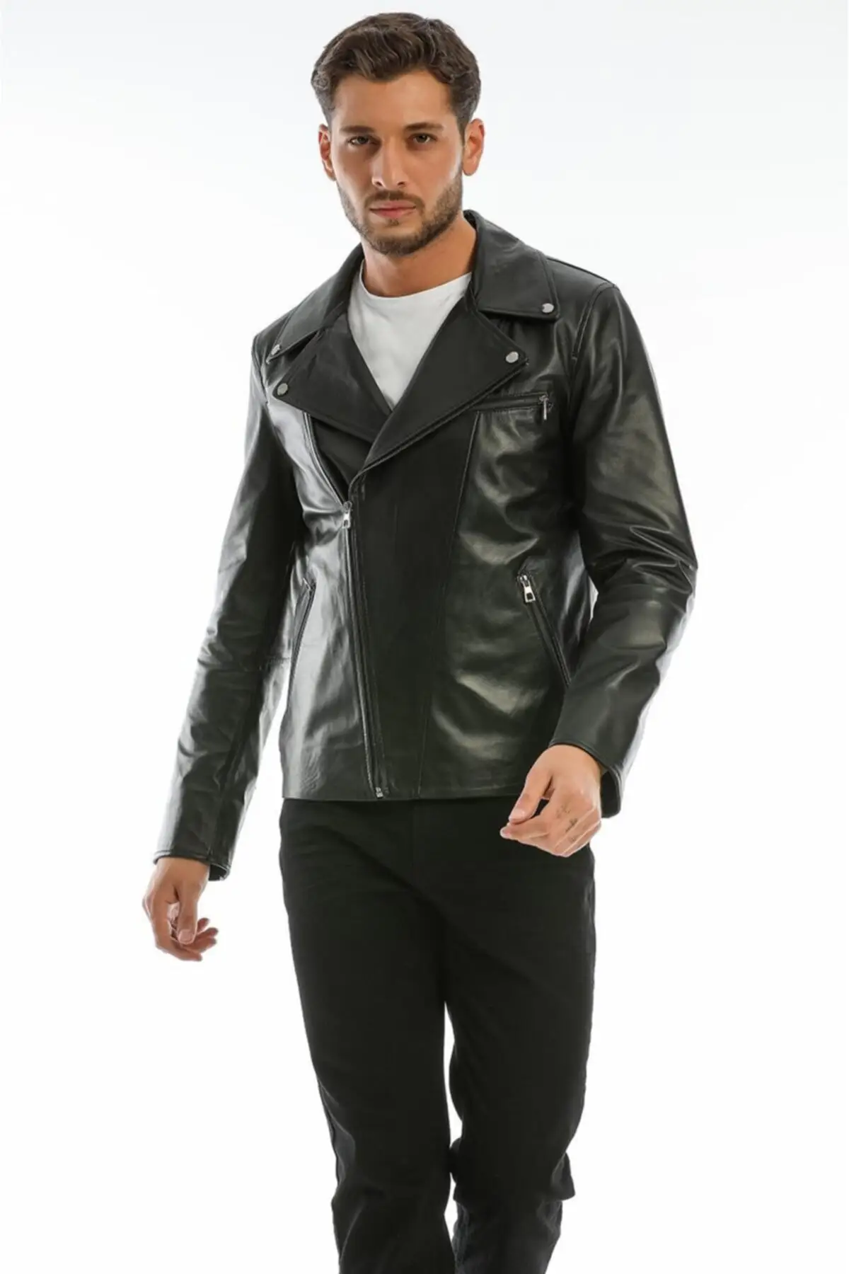 Black Biker Men Genuine Leather Coats Spring Autumn Season Sport Double Breasted Jackets Design Casual Wear Handmade From Turkey