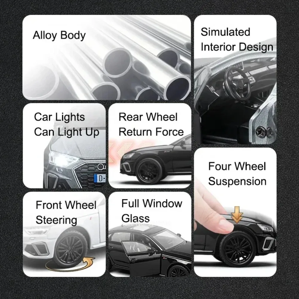1:32 스케일 A6L A4 합금 스포츠카 모델 장난감 문 열림 충격 흡수 휠 스티어링 차량 모델 어린이 휴일 선물