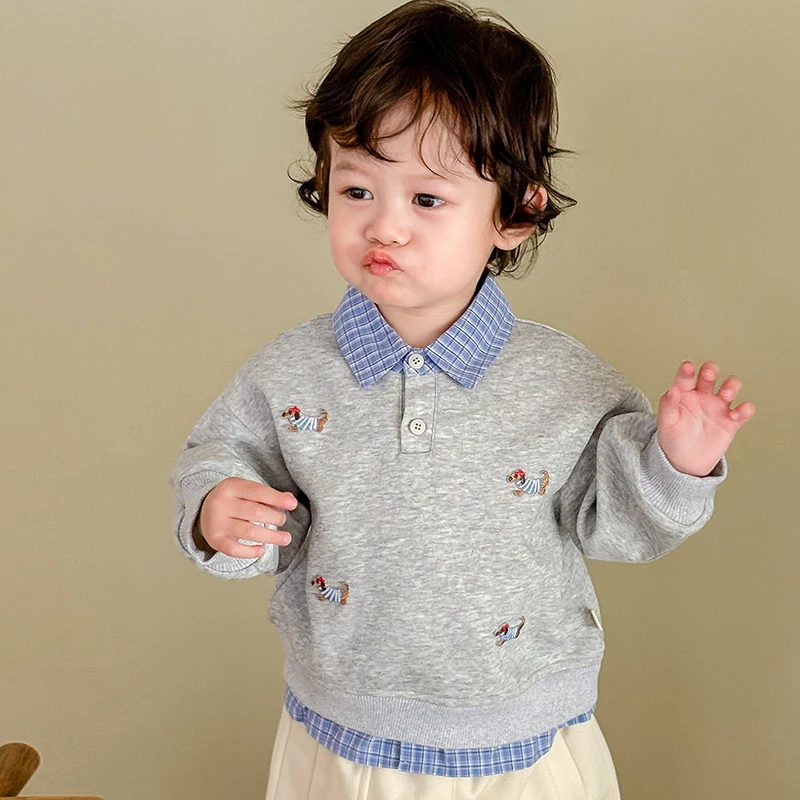 MILANCEL New Autumn Baby Boy Clothes Cute Dog Embroidery Fake Plaid Collar Pullover Top for 0 - 5Y Kids Plaid Hoodie