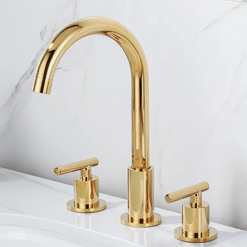 

Gold Plated Brass Split Basin Faucets Deck Mounted Bathroom Sink Faucets 3 Hole Double Handle Hot and Cold Water MixerTaps