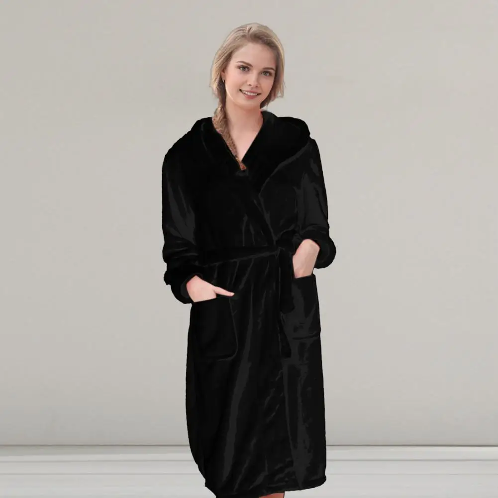Lightweight Fluffy Bathrobe Cozy Fleece Winter Nightgown with Adjustable Waistband Hooded Pockets for Couples Warm for Hotel