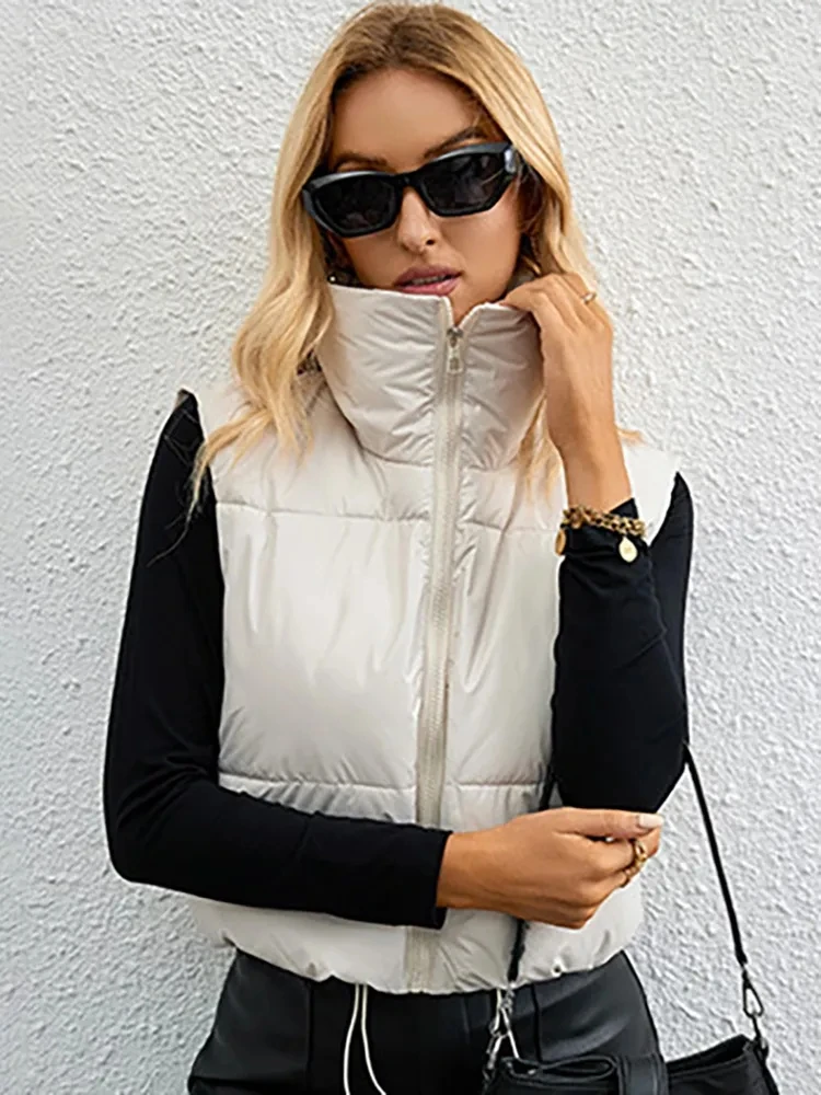 2024 New Cotton Padded Vest Women Autumn Winter Waistcoat Zipper Sleeveless Jacket Female Stand Collar Short Warm Outwear