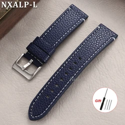 Lychee Pattern Genuine Leather Watch Band with Stitching and Metal Buckle - 22mm (Blue - White)
