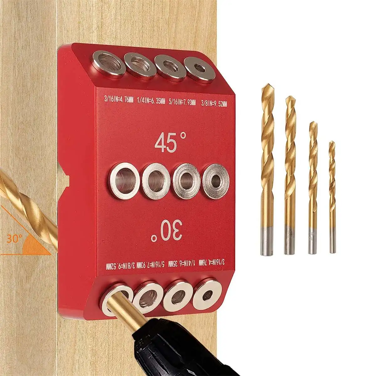 

30 45 90 Degree Drill Guide Angle Drill Hole Guide Jig with 4 Sizes Drill Bits for Angled Straight Hole Durable Aluminum Alloy