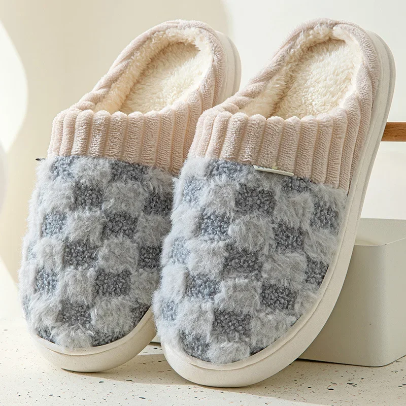 Fashion Couple Winter Toe Wrap Warm Plaid Cotton Slippers Thick Soft Sole Slides Men Women Indoor Floor Flat Home Non-slip Shoes 4