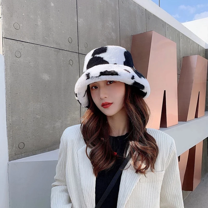 

Women's Tie-Dye Faux Fur Bucket Hat Men's Thick Warm Winter Panama Hat Bob 2022 Hip Hop Caps Houndstooth Cow Print Fisherman Hat