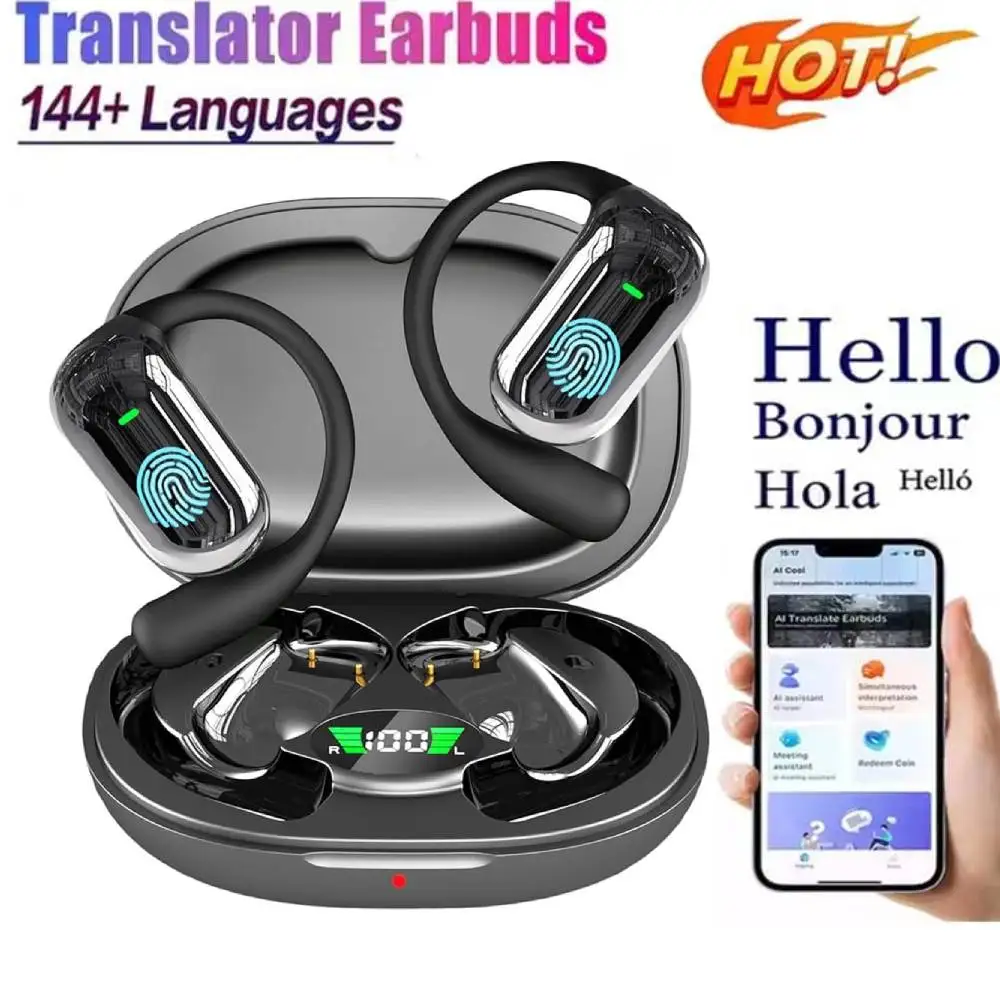 BT 5.3 AI Translation Earbuds with Ear Hook Translator Headphones Open Ear Headphones for Running Fitness Learning Accessories translator earbuds translator earphones translation headset