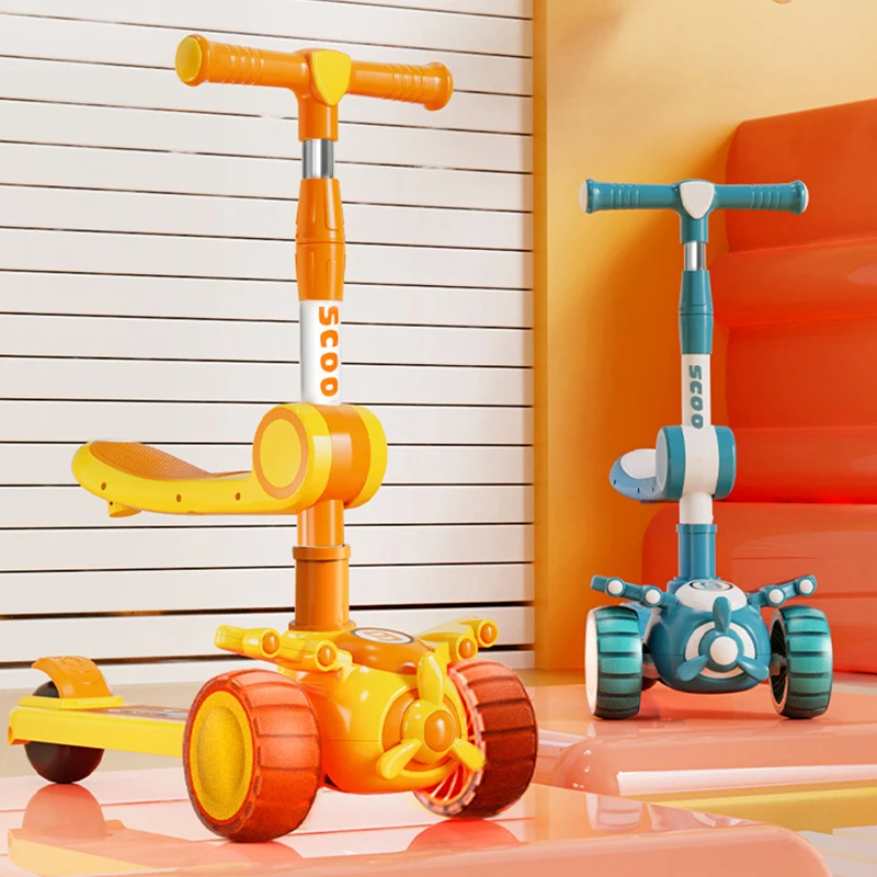 Kids Foot Scooters With Music Speaker 3 Wheels Foldable 4 Levels Adjustable Height Kick Scooter For 3-6 Years Children Cycling
