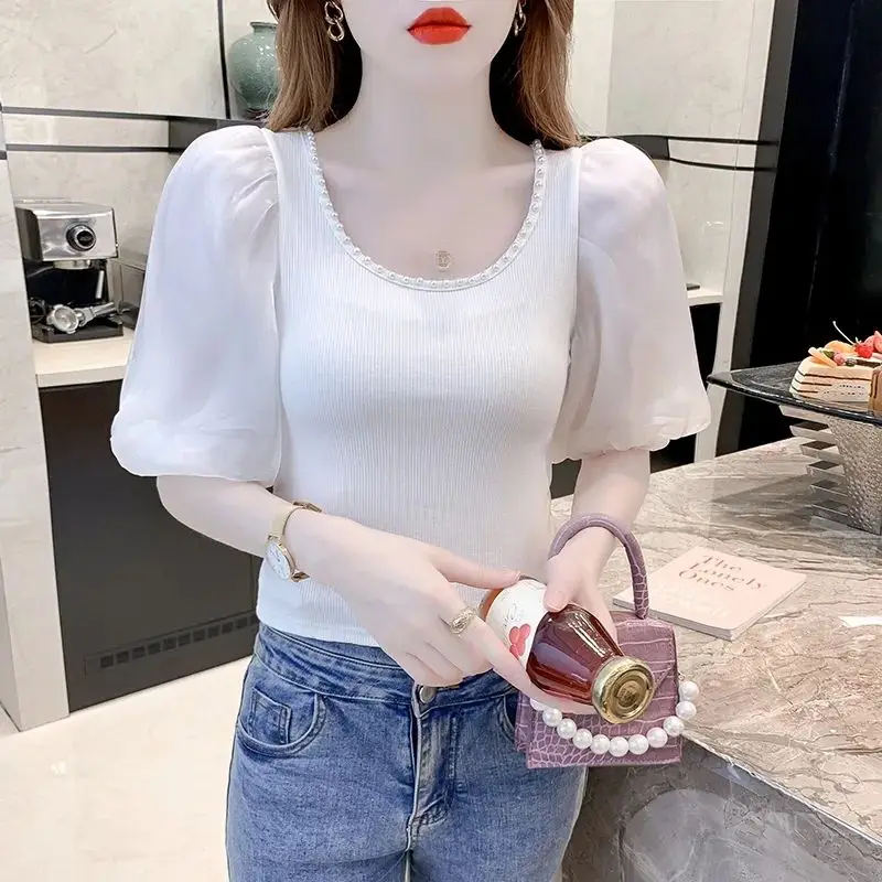 Sweet Puff Sleeve Blouse Stylish Beading U-Neck Women's Clothing All-match Solid Color Patchwork Slim Summer Short Sleeve Shirt