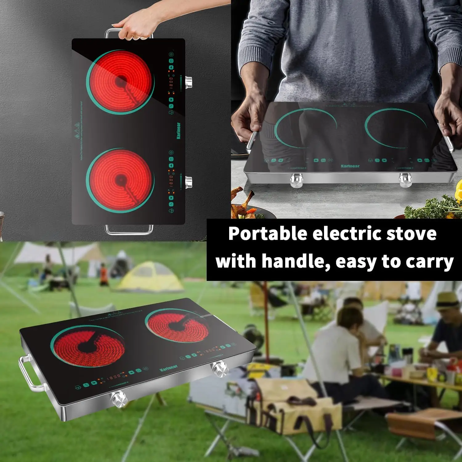 2 Burner Electric Cooktop 110V, Portable Electric Stove with Handle, Knob Control Electri Hot Plate, Ceramic Countertop