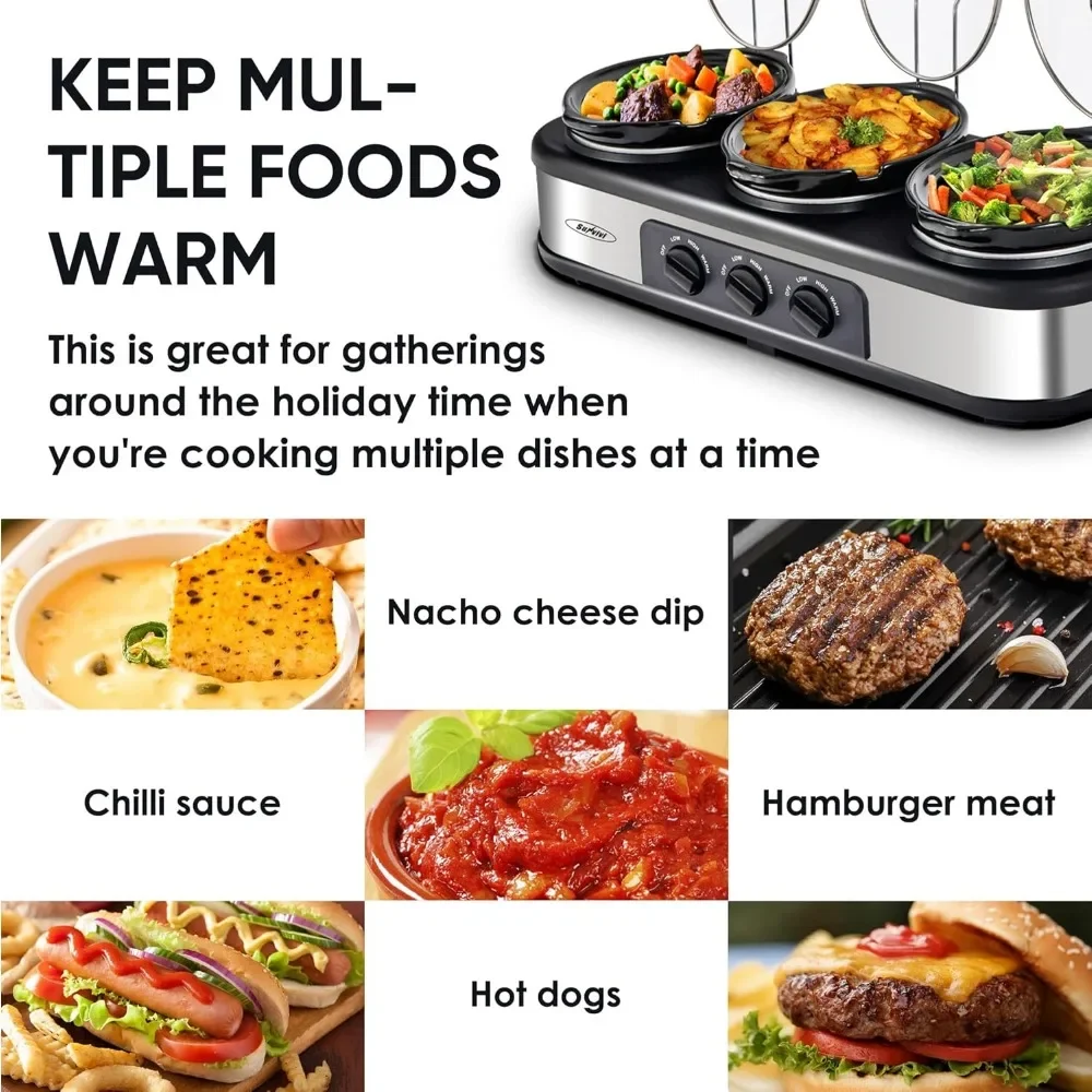Slow Cooker, Triple Slow Cooker Buffet Server and Food Warmer, 3-Section 1.5-Quart Upgraded Oval Ceramic Pot 2
