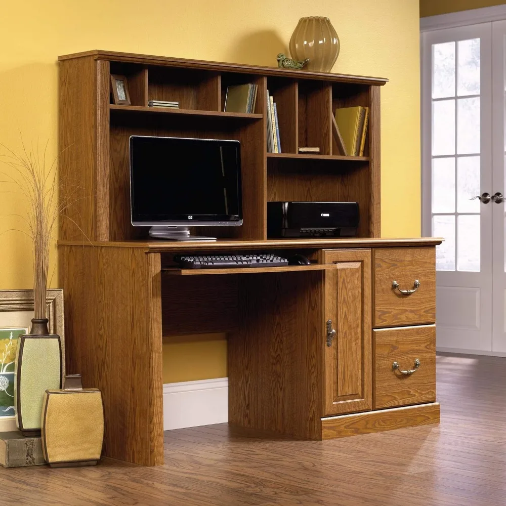 Sauder Orchard Hills Computer Desk with Hutch, Carolina Oak finish corner desk with hutch triangle gaming desk with keyboard tray corner computer desk with power outlets