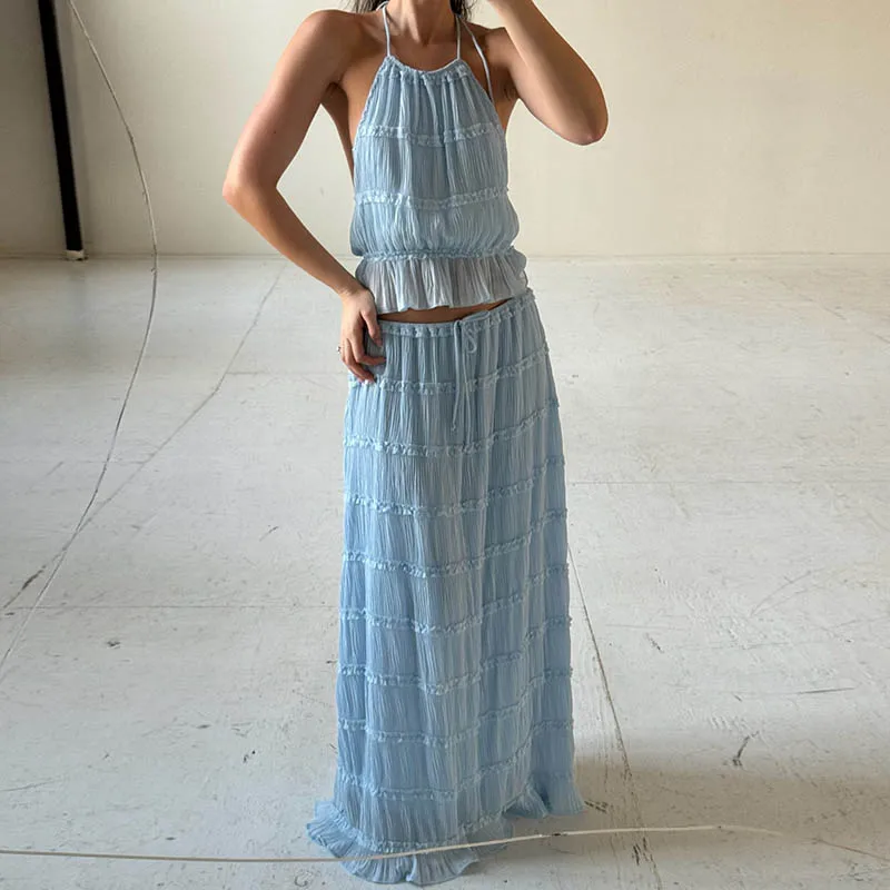 Sexy Backless Tie Up Beach Holiday Outfits Women Boho 2 Piece Set Vintage Ruched Halter Cami Tops + Maxi Long Skirt Party Rave - AliExpress 200000345 Sexy Backless Tie Up Beach Holiday Outfits Women Boho 2 Piece Set Vintage Ruched Halter Cami Tops + Maxi Long Skirt Party Rave - AliExpress 200000345
