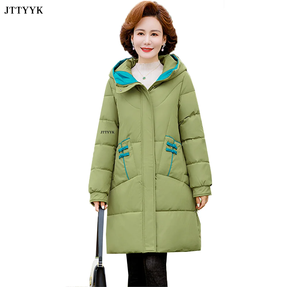 

New Medium Length Down Jacket Female Thick Padded Coat Winter Warm Oversized Middle-Aged Women Hooded Parker Overcoat 5XL