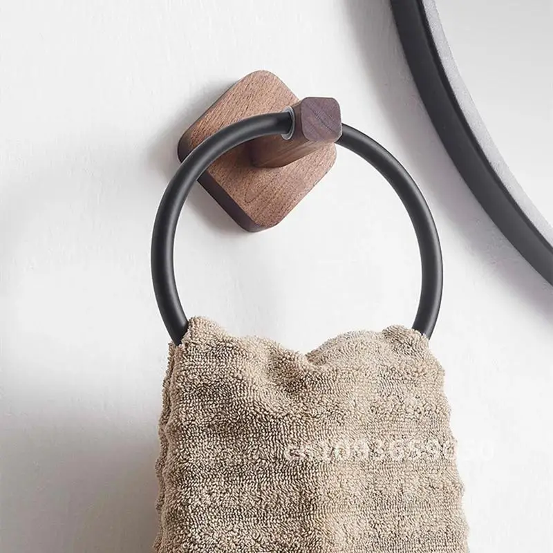 No Punching Bathroom Towel Walnut/Beech Holder Aluminium White/Black Towel Mounted Wall Accessories Round Ring
