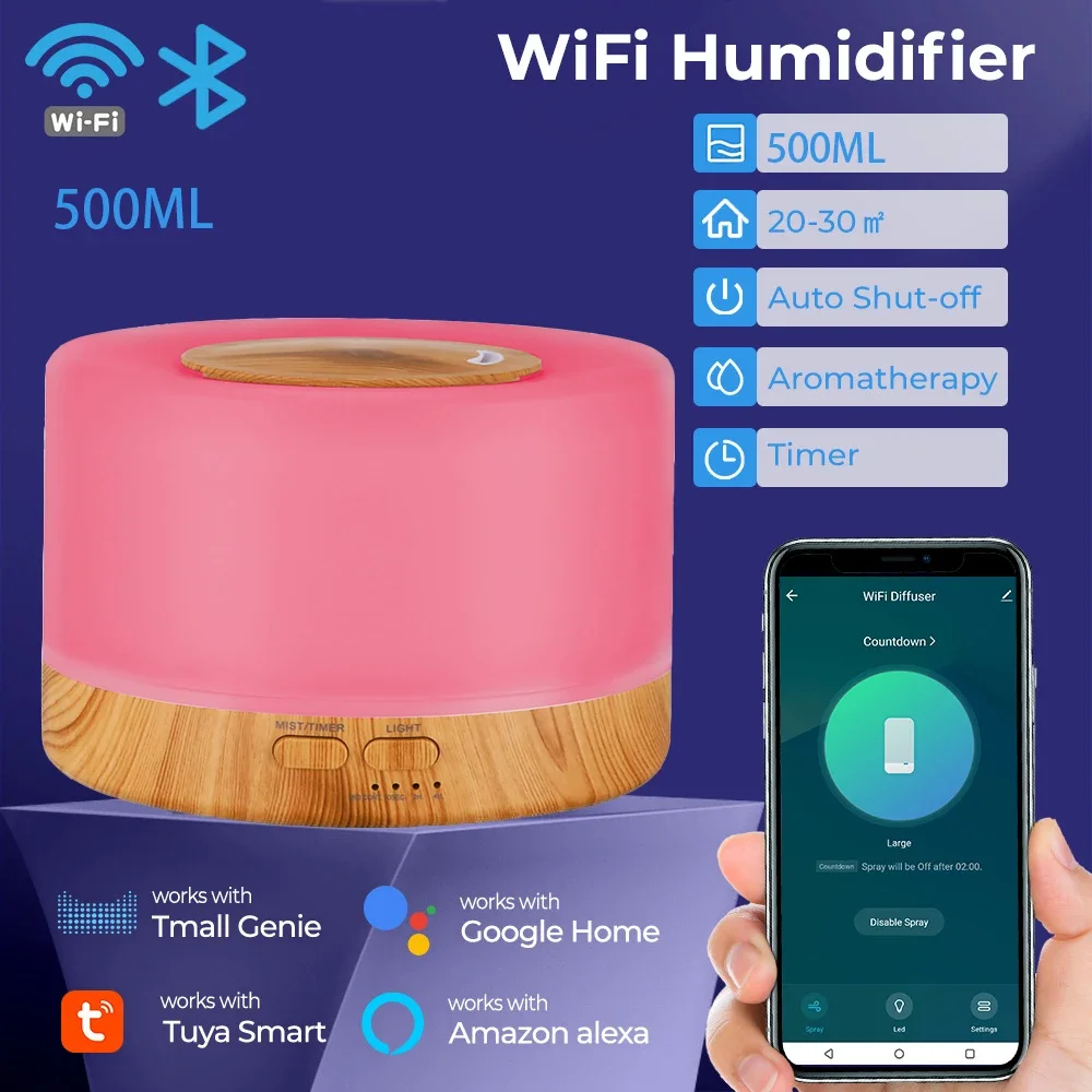 

Tuya Smart Humidifier with Colorgul LED Light WiFi Aroma Diffuser Timer Wireless Control Work with Alexa Google Home Compatible