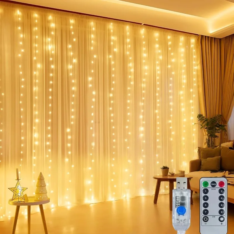 Curtain Lights 300/600LED Dimmable Fairy Lights with Remote and Timer 8 Modes USB Powered String Lights for Room Wall Party Xmas