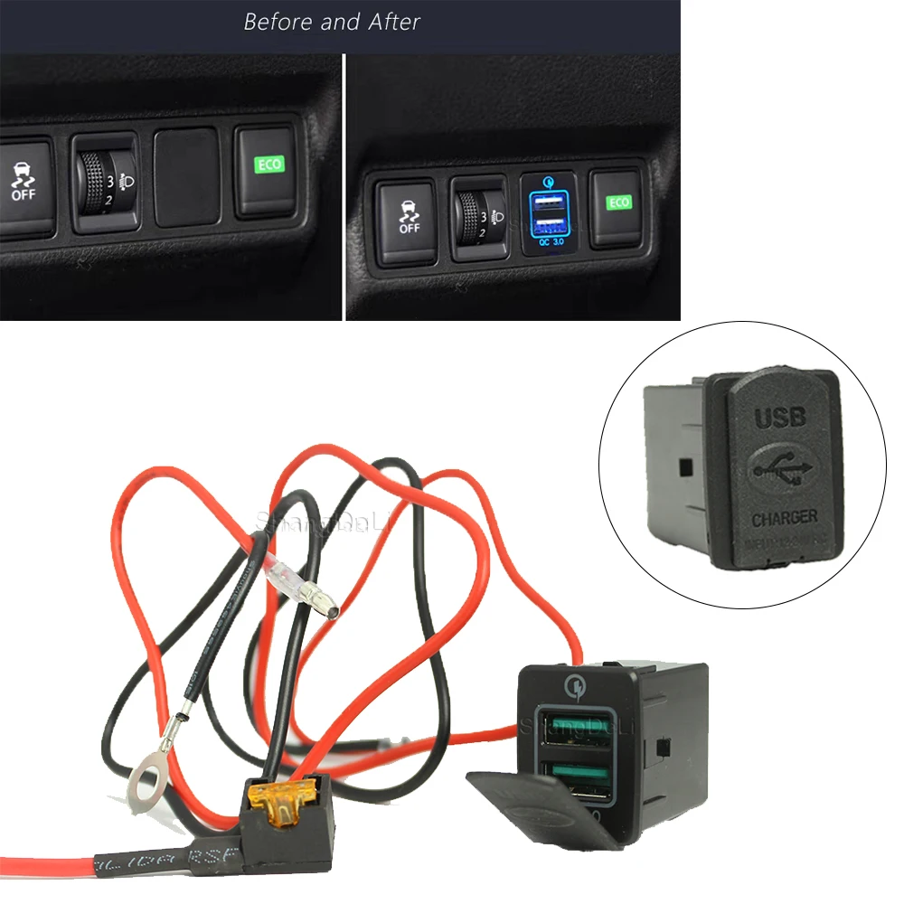 

1PC Red Dual USB Fast Charger Car USB Interface Socket Connector QC3.0 Dual USB Car Charger For Nissan