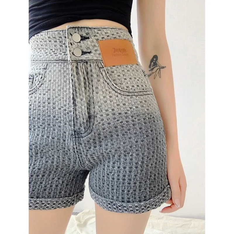 Fashion Gradient Color Hemming Washed Weave Denim Shorts Simplicity Summer Casual High Waist Patchwork Button Womens Jeans