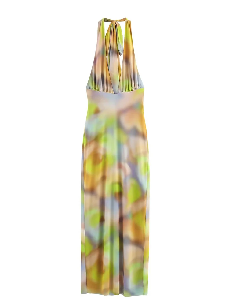 TFMLN 2025 New Women Sexy Halter Dress Elegant Backless Summer Fashion Slim Sleeveless Printed Long Dress Chic Club Party Dress