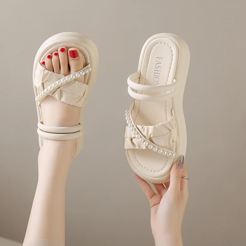 Aphixta 4.5cm String Bead Sweet Sandals Slip On Women Shoes Two Way Wear Casual Summer Zapatos Mujer Wedges Woman Sandal Size 41