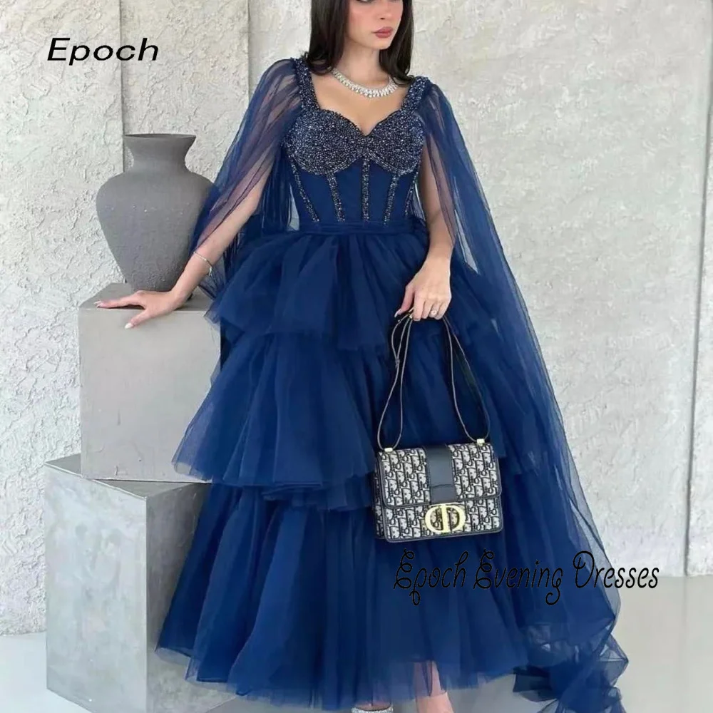 

Epoch Evening Dress Elegant A-Line Sweetheart Shiny Sequined Arabia Tiered Tulle Empire Blue Lace Sleeve Cocktail Prom Gown