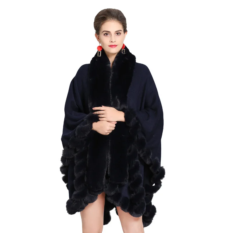 

EuropeStyle Fashion Double Fox Fur Coat Cape Hooded Knit Cashmere Cloak Cardigan Outwear Women Winter New Shawl 1.1kg