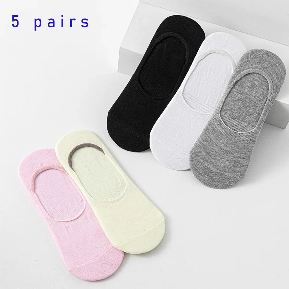 Woman Socks 5 Pairs of WOMEN'S Solid Color Invisible Socks Cotton Silicone Anti Slip Spring Ankle Socks Casual Breathable Thin Boat Socks