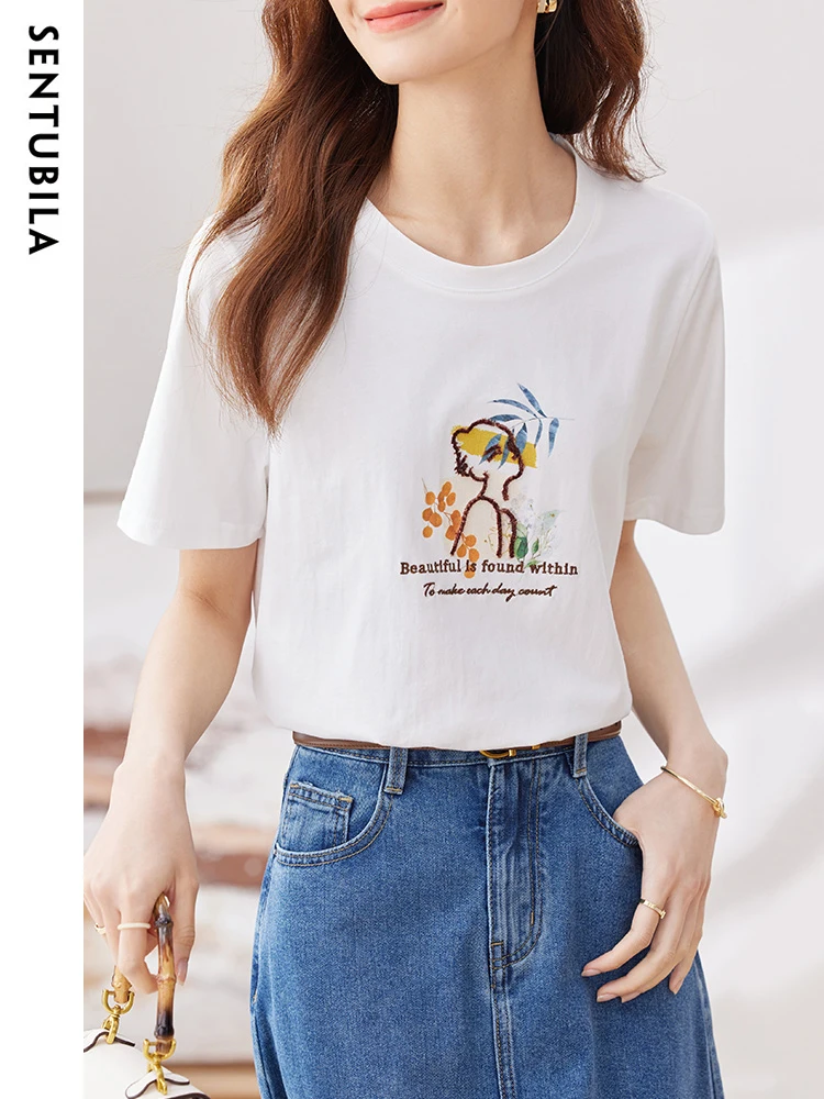 

Sentubila Women's 100% Cotton T-Shirt 2023 Summer New Letter Print Round Neck Short Sleeve Classic Cute Tee Top Female 132T49657