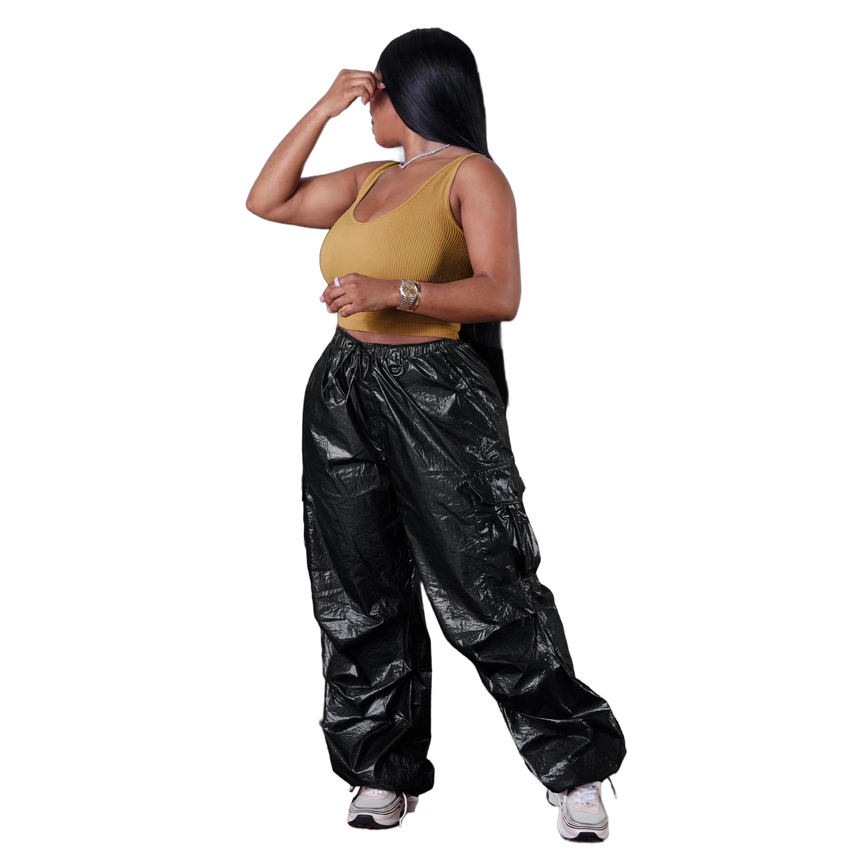 2023 Women Fashion Patch Pockets Pleated Cargo Pants Vintage Mid Elastic Waist Zipper Fly Female Trousers Mujer