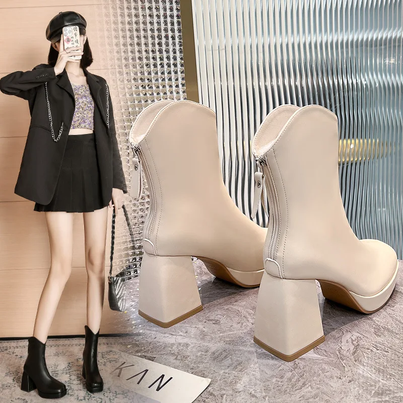 Women Boots Leather Square High Heel Ankle Boots Round Toe Winter Shoes Woman Warm Comfort Fashion Platform Zipper Boots Black