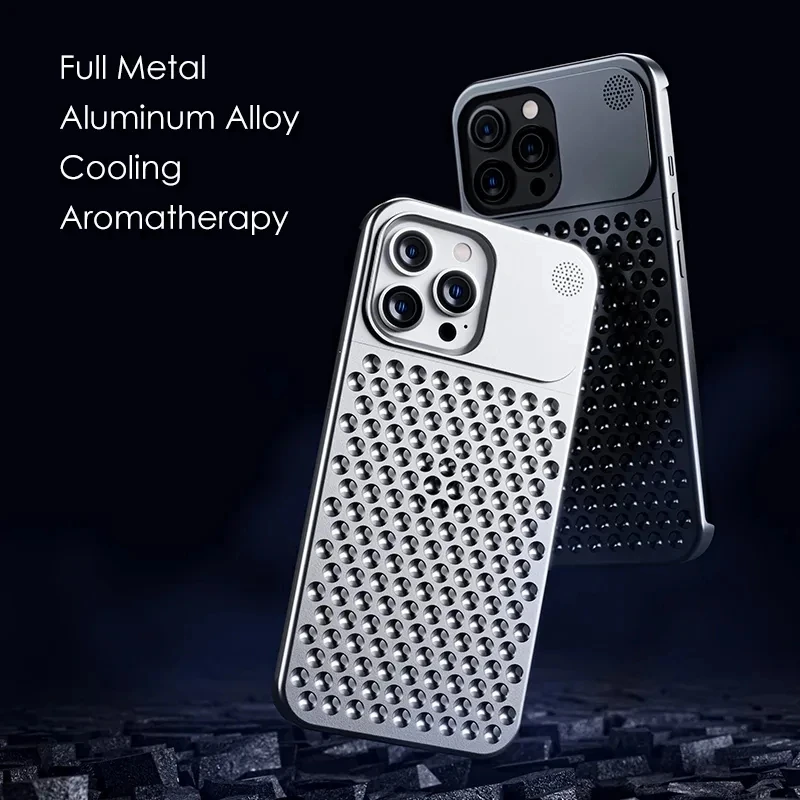 Metal Heat Dissipation Phone Case For iPhone 15 14 13 12 Pro Max 14 15 Plus Fragrance Rimless Hollow Aluminum Shockproof Cover