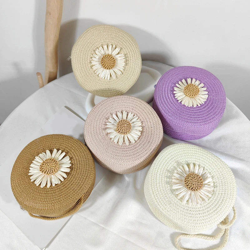 Flower Graphic Circle Straw Bag, Vintage Shoulder Beach Bag, Women's Crossbody Purse Mini Floral Decor Straw Crossbody Bag