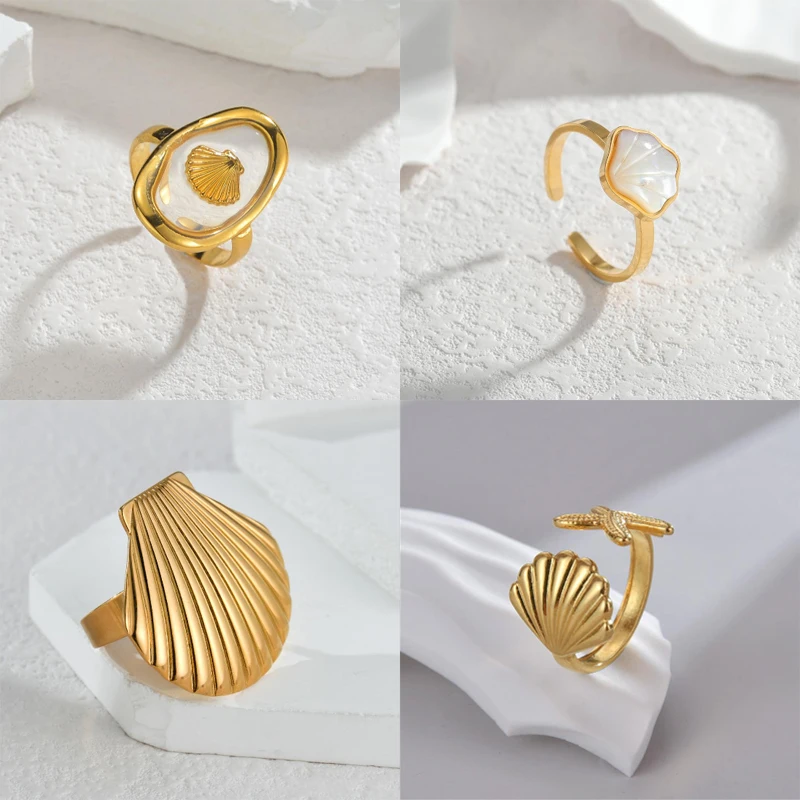 Anelli a forma di conchiglia placcati in oro moda vintage per regali di gioielli classici per feste impermeabili in acciaio inossidabile da donna - immagine 5
