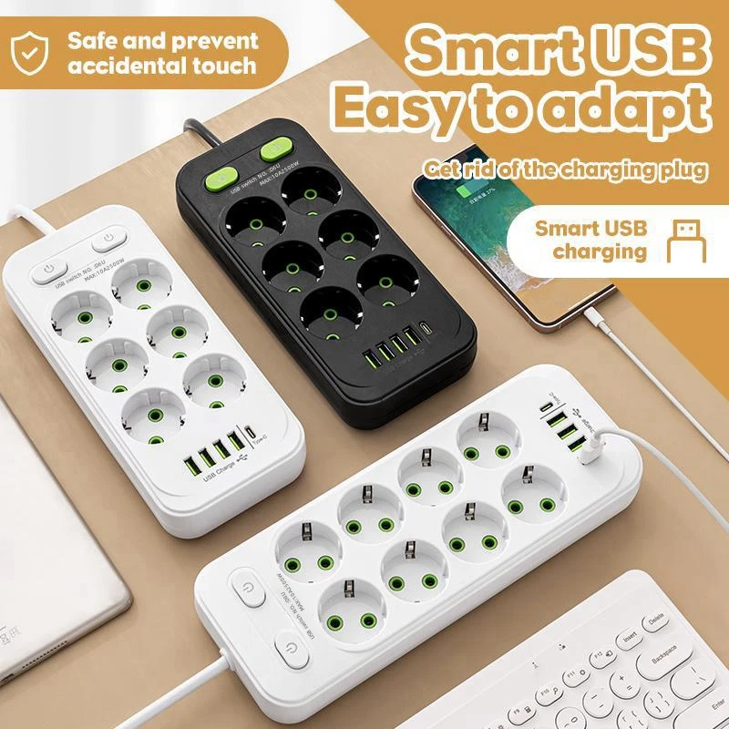 Power Strip EU Plug AC Outlets Multitap Socket 2M Extension Cord Electrical Power Strip With USB Type C Fast Charging Network Filter Adapter