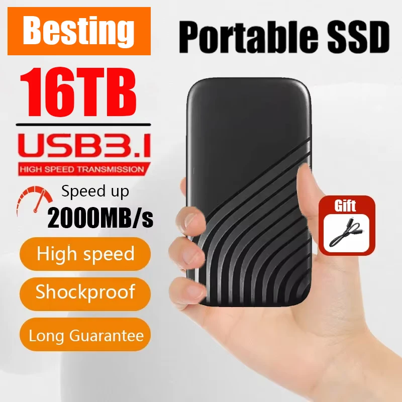 오리지널 외장 하드 드라이브 휴대용 SSD 16TB 외장형 솔리드 스테이트 드라이브 USB 3.0 타입 C 하드 디스크 고속 저장장치 PC Mac용