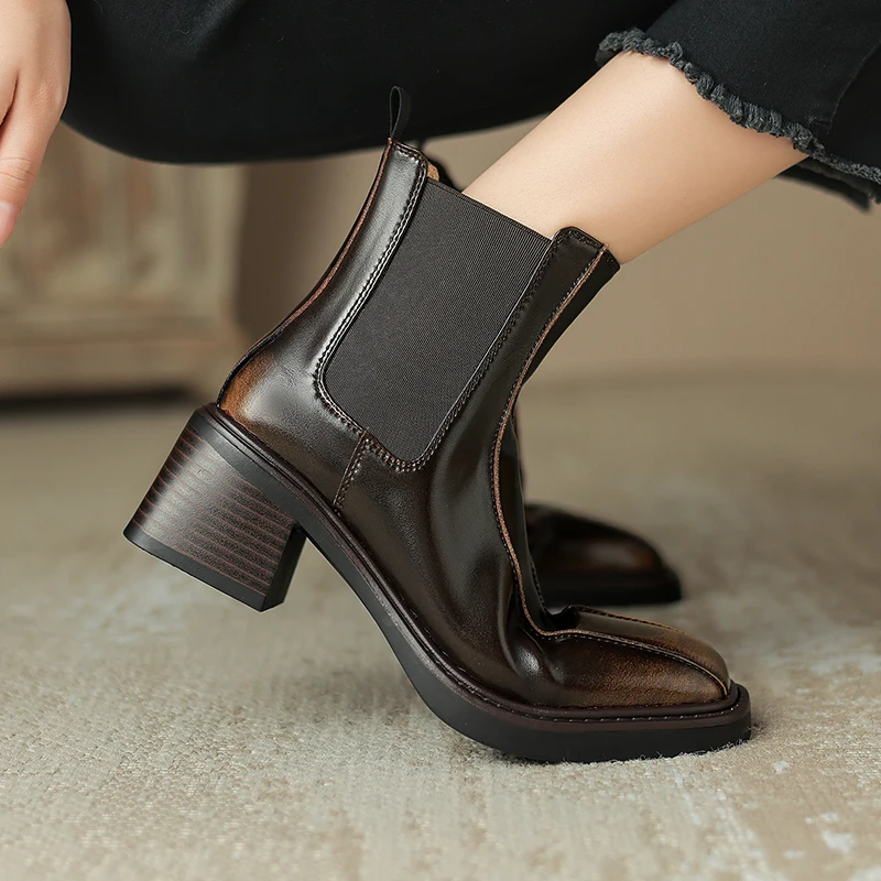 Retro Square Toe Chelsea Boots – Genuine Leather Winter Ankle Boots