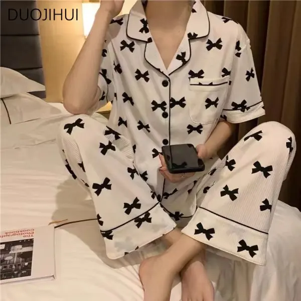 DUOJIHUI New Two Piece Sweet Casual Home Pajamas for Women Ins Spell Color Chic Cardigan Simple Pant Fashion Female Pajamas Sets
