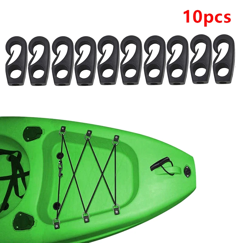 10Pcs Black Plastic Reusable Bungee Hook Boats Shock Cord Hook For Kayak Canoe Bungee Rope Rowing Boat Tie Cord