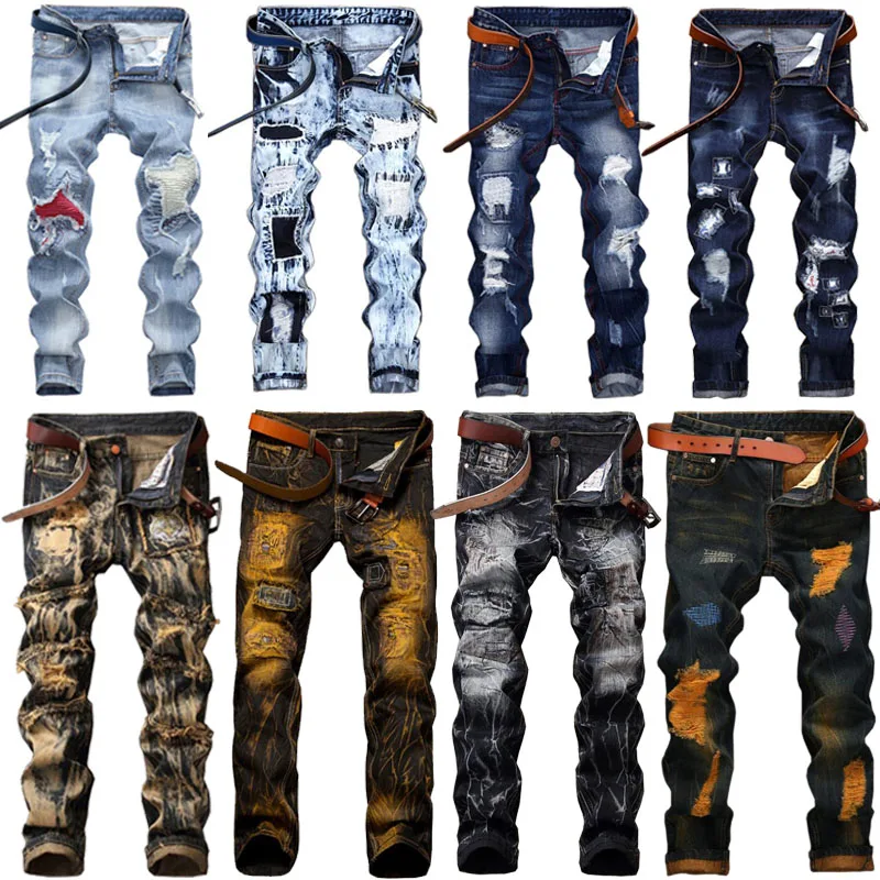 

Новые мужские джинсы, прямые брюки, рваные джинсы, винтажные джинсы, длинные брюки, повседневные брюки