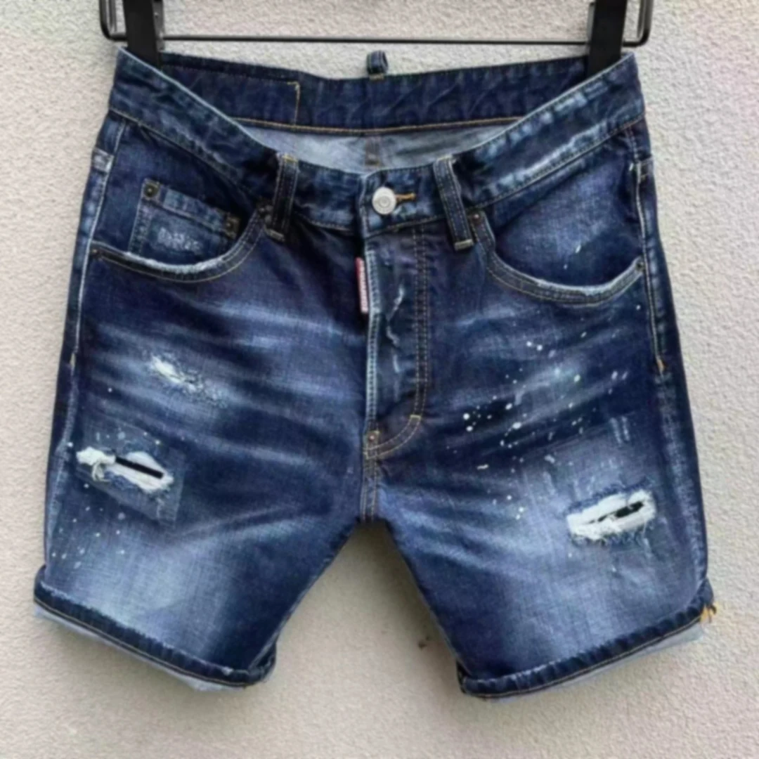 

2024 Spring/Summer New D2 Jeans Trendy Men's Washed and Worn Hole Patch Printed Slim Fit Micro Elastic Denim Shorts