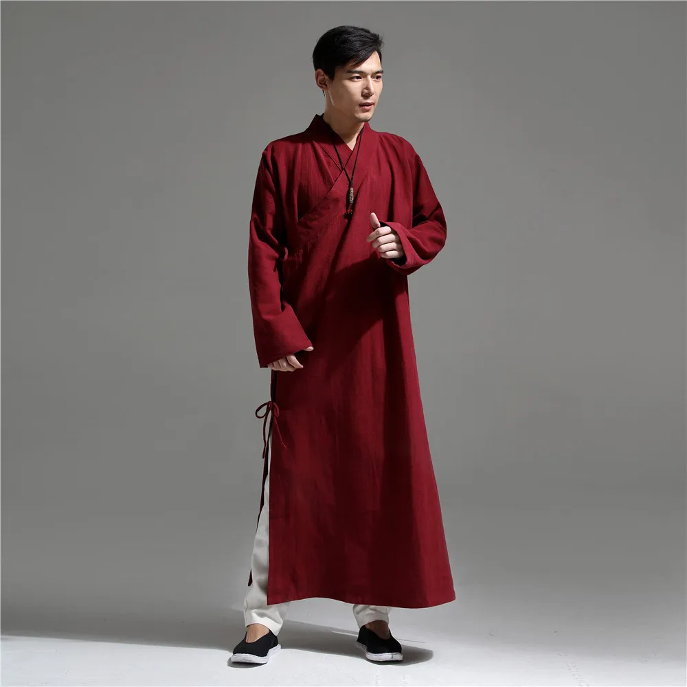 

New Chinese Traditional Clothing Martial Arts Kung Fu Performance Hanfu Long Cotton and Linen Men's Extended Version Tea Zen