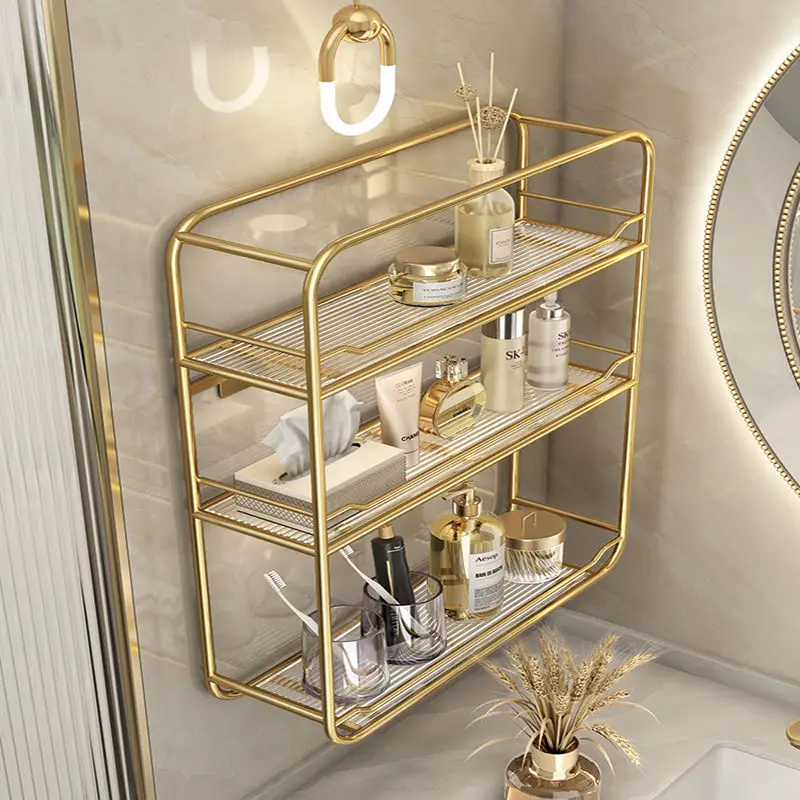 Acrylic Bathroom Shelf Free Punch Washstand Wall Cosmetic Light Luxury Bathroom Multi-layer Gold Storage Shelf Accessories 2