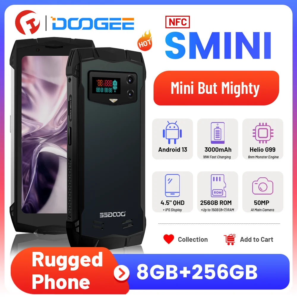 Doogee S Mini Rugged Phone 4.5 "Qhd + Ips 50Mp 3000Mah Smartphone Android 13 Helio G99 8Gb + 256Gb Dual Sim Cellulare Globale