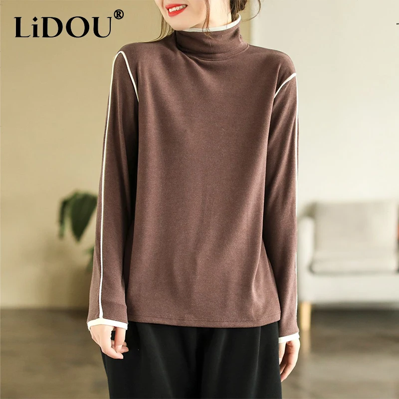 

Autumn Winter Half High Collar Loose Casual Two Sided Velvet T-shirt Female Long Sleeve Warm Bottoming Pullover Top Women Tees