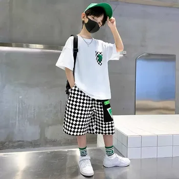 Fashion Boys Clothing Set Summer Teenage Short Sleeve Clothes Suit Letter T-shirt Plaid Shorts 2Pcs Children Loungewear Outfits 4
